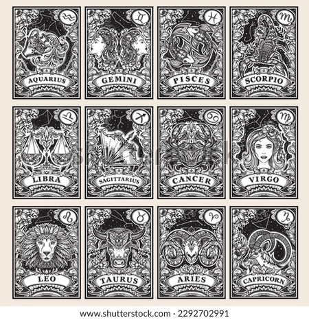 Beautiful black and white pre-made cards with zodiac signs illustrations and flowers in ornate victorian style