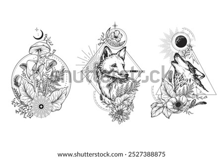 Collection of black and white mystical compositions with animals, plants, mushrooms, elements of astrology and sacred geometry. Hand drawn pictures for tattoo, coloring book.