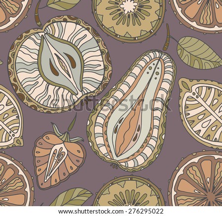 Seamless fruits pattern. Abstract background with fruits. Healthy food texture. Vector illustration