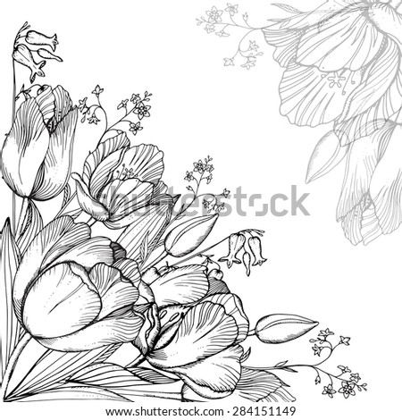 Vector elegance floral background with graphic spring flowers (tulips) in vintage style.Template for greeting card