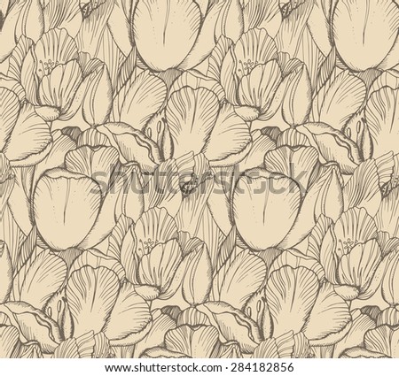 Vector seamless pattern with graphic spring flowers (tulips) in vintage style.