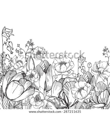 Vector elegance floral background with graphic spring flowers (tulips and trollius) in vintage style.Template for greeting card