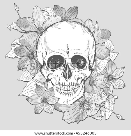 Skull Sketch With Flowers ~ Pict Art