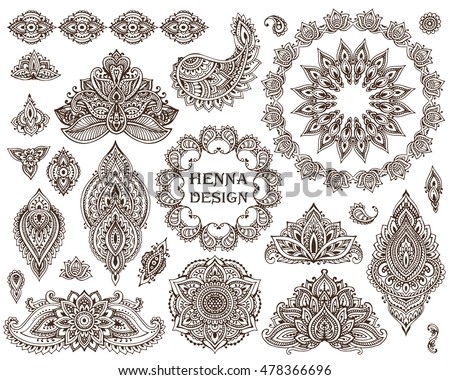 Big vector set of henna floral elements and frames based on traditional Asian ornaments. Paisley Mehndi Tattoo Doodles collection