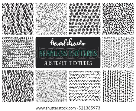 Set of ten hand drawn ink seamless patterns. Endless vector backgrounds of simple primitive scratchy textures with dots, stripes, waves. 