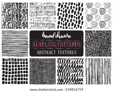 Set of ten hand drawn ink seamless patterns. Endless vector backgrounds of simple primitive scratchy textures with dots, stripes, waves