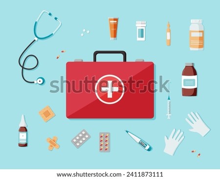 Portable first aid kit, medical aid items for cars, tourism, nurses. Vector cartoon illustration of medical elements.