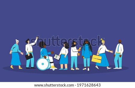 Group of diverse people standing together. Multiracial and multicultural  characters wearing in casual clothes. Healthy and disabled people.