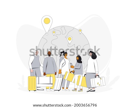 International migration. Group of different people with bags and suitcases. Filled line vector illustration.