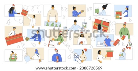 People videoconferencing to exchange holiday gifts. Happy friends with Christmas giftboxes. Team celebrating New Year online. Colorful vector illustration with outline.