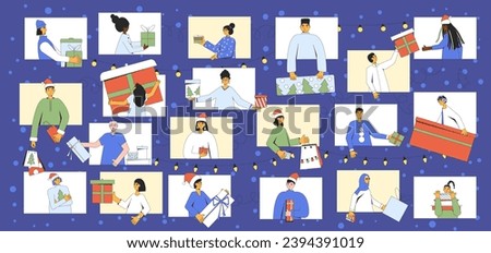 Online Christmas celebration. Xmas virtual winter event. Giving each other holiday gifts over video call. Vector illustration with outline.