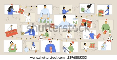 Giving and receiving Christmas gifts online. Celebrate Xmas from afar. Virtual event. New Year's characters with presents and gift boxes. Vector illustration