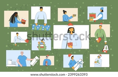 Online gift exchange. Virtual Christmas party. Xmas virtual event. Celebrate the New Year from a distance. Vector illustration of people with giftboxes.