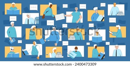 Senior book club online. Library for elderly people reading together and communication remote. Vector flat illustration.