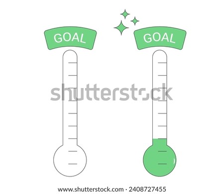 Fundraising goal thermometer set isolated on white background. Money tracker. Indicator of progress for donation event. Vector illustration.