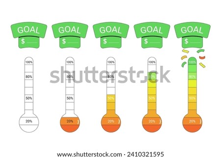 Investment goal thermometer set isolated on white background. Fundraising money tracker.s Indicators of progress for donation event. Vector illustration.