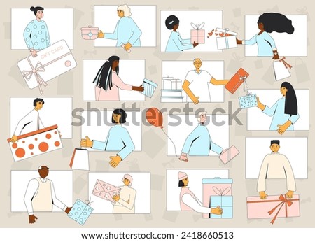 Giving each other holiday gifts over video call. Online present exchange. Virtual swap between friends and colleagues. Vector flat outline illustration