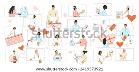 Online Valentine's Day celebration. Vector illustration of virtual event. Gift exchange. Love holiday event. February 14 banner with romantic symbols. Vector flat outline illustration