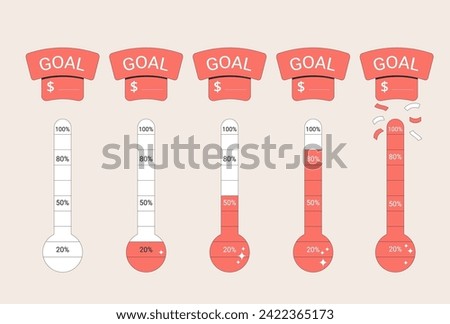 Financial goal thermometer set. Fundraising money trackers isolated on white background. Indicators of progress for donation event. Vector illustration.