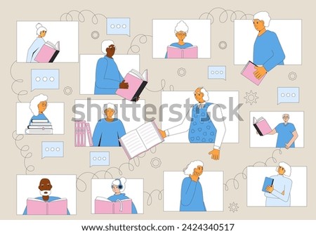 Exchange book or swap for senior people. Online library event with elderly men and women. Old friends discussion about literature. Retirement social community club. Vector flat illustration.