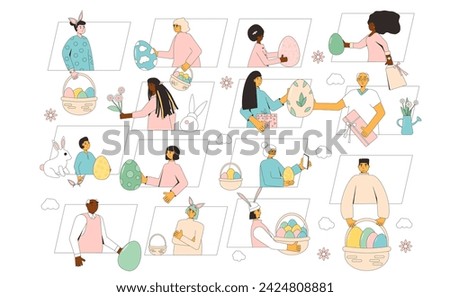 Easter event. People with eggs, bunny ears celebration spring holiday together online. Friends and family take part on Easter egg hunt party. Vector flat illustration isolated on white background.