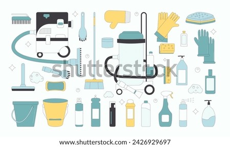 Cleaning tools set isolated on white background. Season wash home items and equipment collection. Vacuum, gloves and brushes with bottles for cleanup. Vector flat with outline illustration.