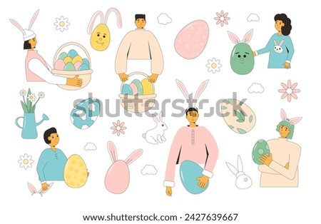 Easter set isolated on white background. People with eggs, bunny ears, flowers. Celebration spring holiday. Vector flat illustration.