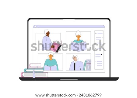 Group of elderly people reading books on video call. Senior book club online. Retirement literature community helps for adaptation new life and dealing with loneliness and boredom. Vector illustration