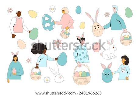 Easter eggs hunt set isolated on white background. People with eggs, bunny ears, baskets flowers. Celebration spring holiday. Vector flat illustration.