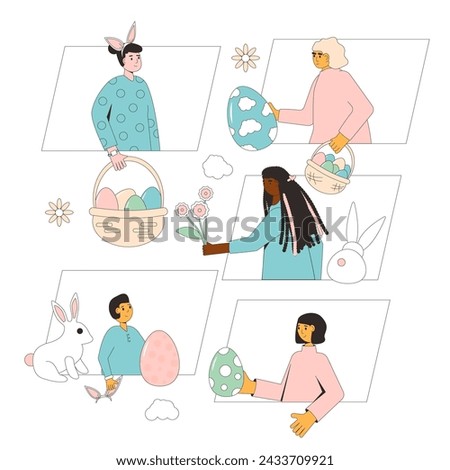 Easter event. Exchange gifts. People with eggs, bunny ears celebration spring holiday together online. Friends and family take part on Easter egg hunt party. Vector flat illustration.