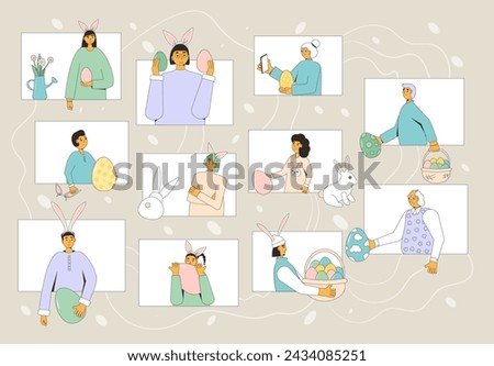 Easter exchange gifts event online. People with eggs, bunny ears celebration spring holiday together with internet. Friends and family spend vacation time. Vector flat illustration.