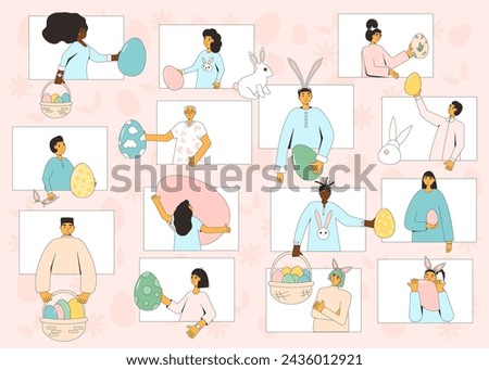 Easter event. People with eggs, bunny ears celebration spring holiday together online. Friends and family take part on Easter egg hunt party. Vector flat illustration.