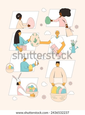 Easter event. Young people with eggs, bunny ears celebration spring holiday together online. Friends take part on Easter egg hunt party. Vector flat illustration.