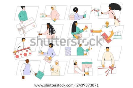 Giving and receiving gifts online. People wish each other happy holidays. Celebrate a milestone together from afar. Virtual event. Characters with presents, drinks and giftboxes. Vector illustration.