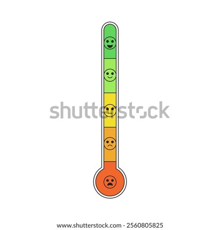 Emotion scale thermometer. Stress level measurement. Feeling and mood chart. Pain, burnout rating. Anger indicator symbol isolated on white background. Vector outline flat illustration