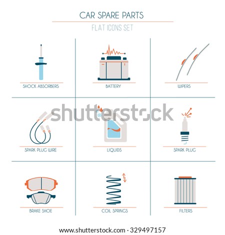 9 car parts flat icons 1 of 2 with orange, blue and light grey fill