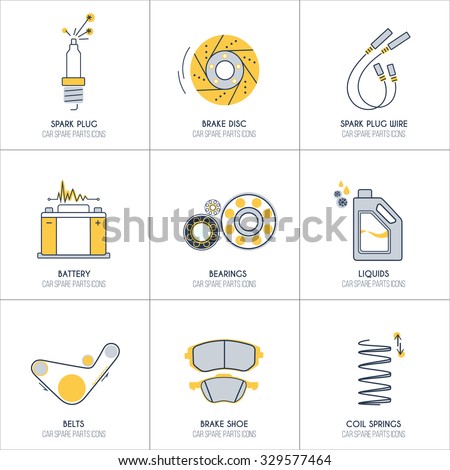 9 car parts line icons with orange and grey fill 1 of 2 set 