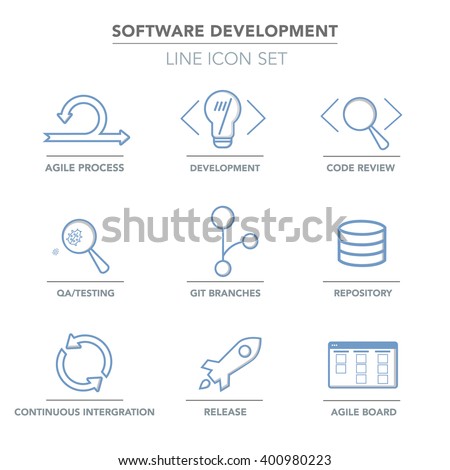 Vector web icons set Agile Software development blue outlines. 