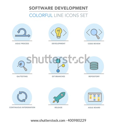 Software Development colorful web icon set for agile and GIT IT teams