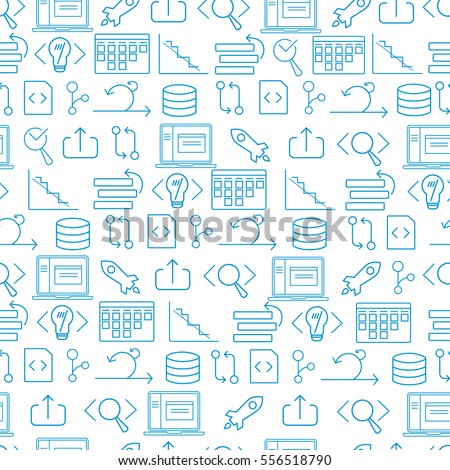 Seamless white and blue background for websites and banners with agile software development line icons such as: laptop, scrum task board, testing, coding, release, burndown chart and other agile icons