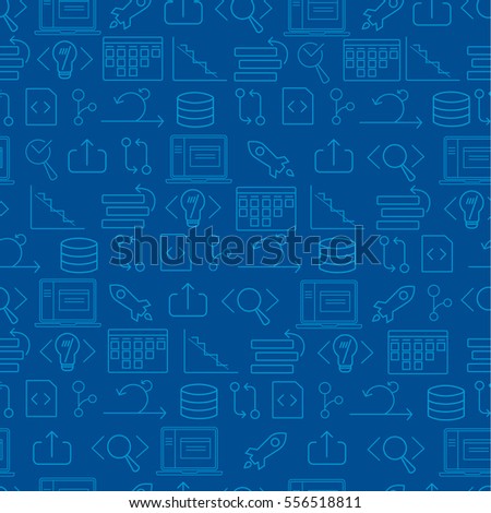 Seamless dark blue background for websites and banners with agile software development line icons such as: laptop, scrum task board, testing, GIT, coding, release, burndown chart and other agile icons