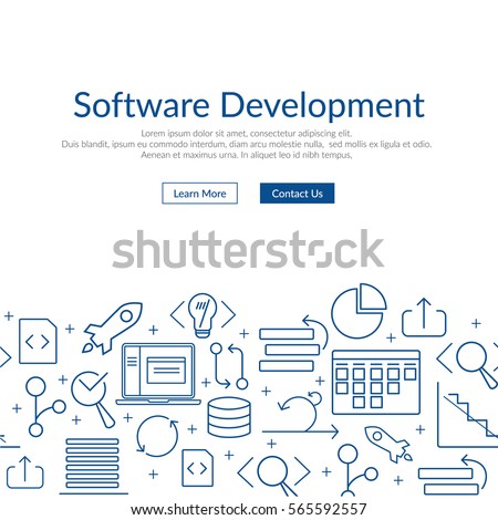 Website banner and flyer template on white background with blue agile software development line icons such as: scrum task board, release, coding, GIT branch, testing, laptop and other agile icons