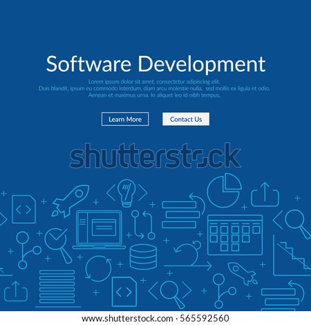 Website banner and flyer template on dark blue background with agile software development line icons such as: scrum task board, release, coding, GIT branch, testing, laptop and other agile icons