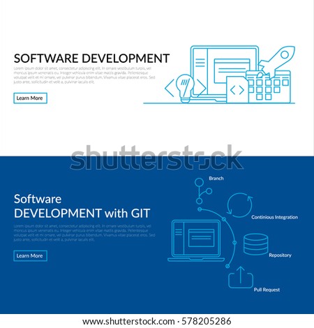 Website banner and flyer template on white and dark blue background with blue software development and GIT line icons such as: scrum task board, release, coding, pull request, GIT branch, laptop