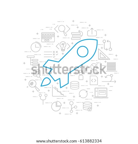 Concept illustration on white background with grey agile software development line icons such as: scrum task board, release, coding, user story, laptop and big rocket release icon