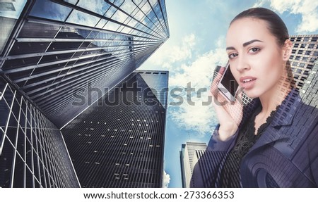 Double exposurecity and beautiful business woman folded her arms