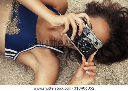 happy cute hot body young woman on the beach with colorful details, relax concept, travel