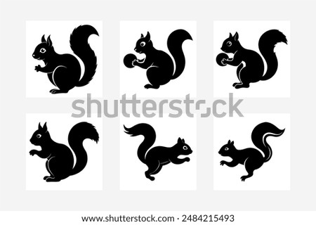 Silhouette of a squirrel in side profile, standing on hind legs, with a bushy tail curved upwards, simple and clean lines, suitable for vector format.