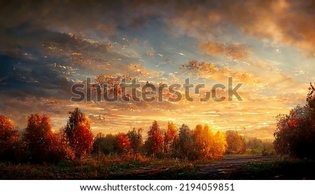 a illustration sunset over autumn landscape