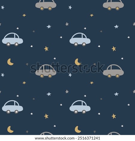 Cute seamless pattern with cars, moon and stars in doodle style of dark blue background. Flat hand drawn vector background for wrapping paper, children's merch, baby shower, fabric, textile. EPS10